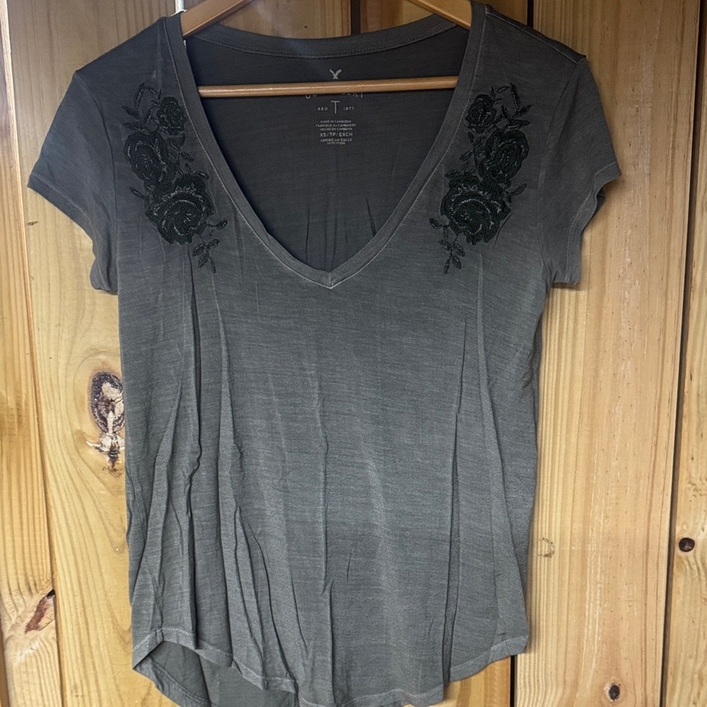 American Eagle Outfitters V-Neck Top - Gray with Black Embroidery